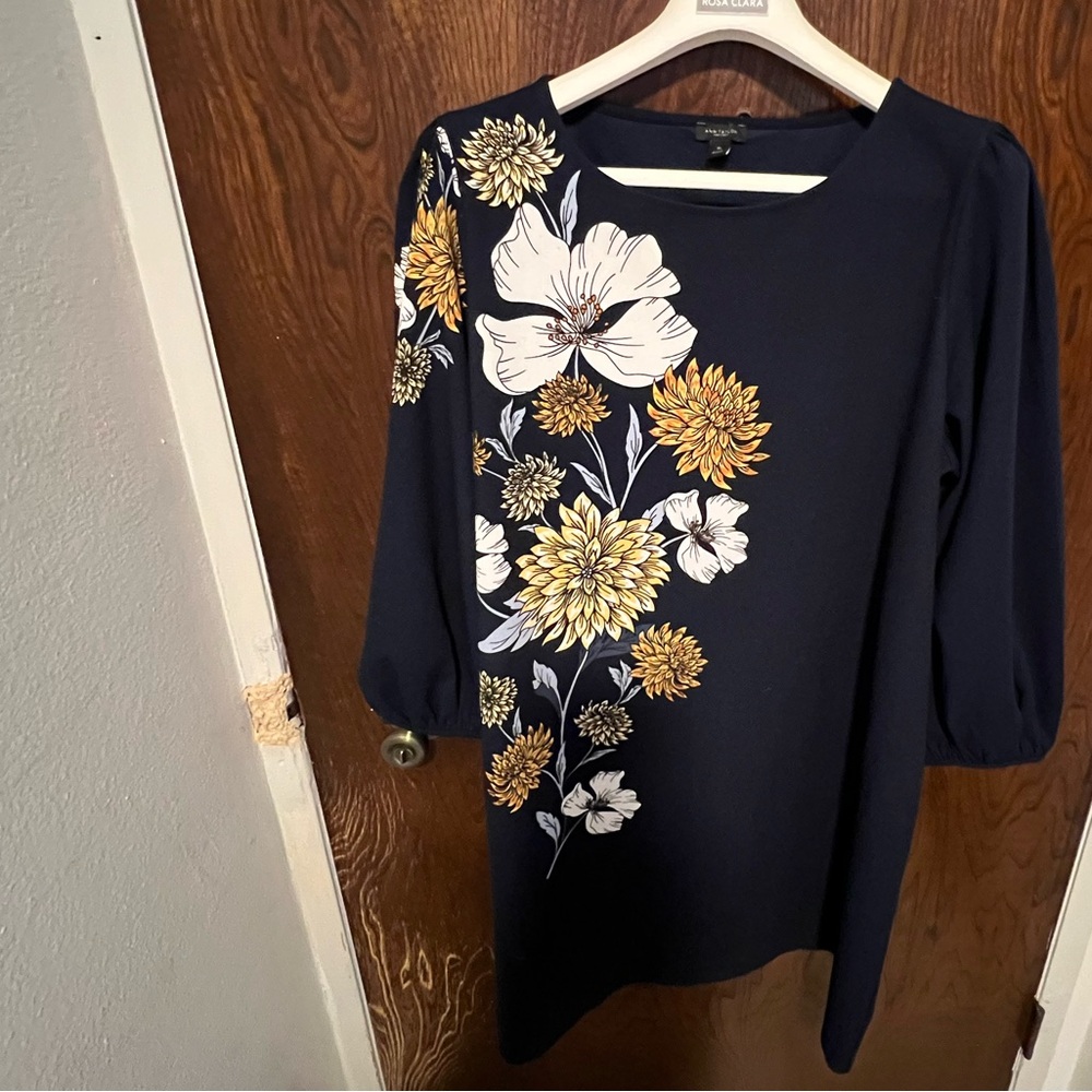 Floral Navy Shift Dress with Yellow &White Accents (Long Sleeves Lantern Style)